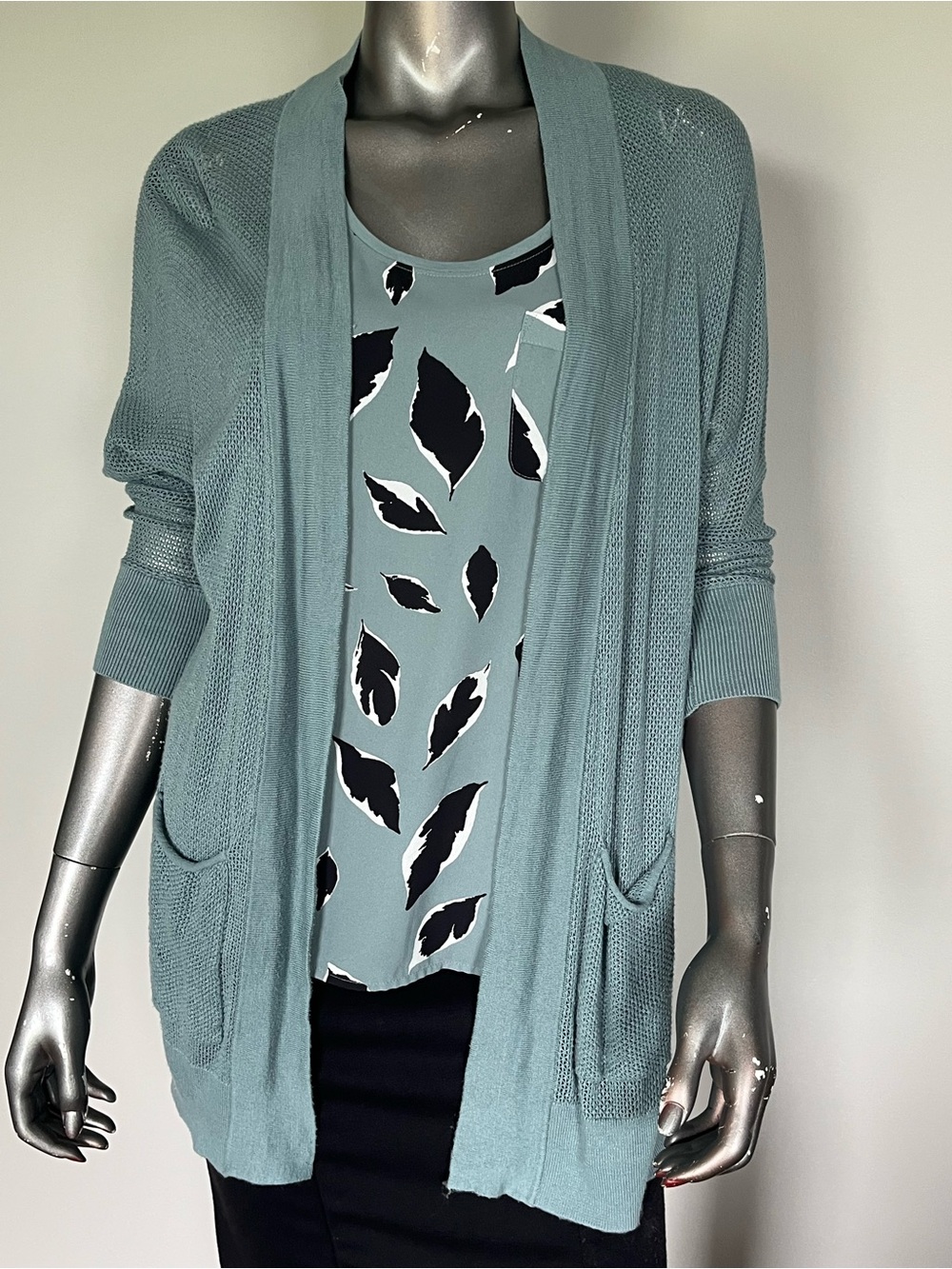 LOFT Light Teal Open-Front Cardigan with Pockets and Matching Sleeveless Top